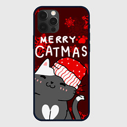 Чехол iPhone 12 Pro Новогодние снежинк и котик в шапочке
