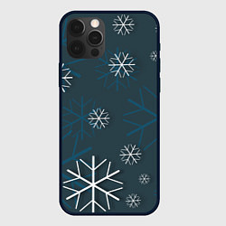 Чехол для iPhone 12 Pro Белые снежинки на синем фоне, цвет: 3D-черный