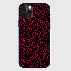 Чехол для iPhone 12 Pro Розовые сердечки на темном фоне, цвет: 3D-черный