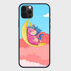 Чехол для iPhone 12 Pro Единорог на месяце, цвет: 3D-черный