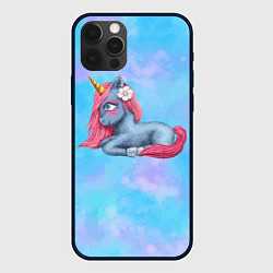 Чехол для iPhone 12 Pro Синий единорог с розовой гривой, цвет: 3D-черный