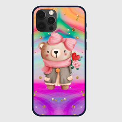 Чехол для iPhone 12 Pro Мишка с сердечком и цветком, цвет: 3D-черный
