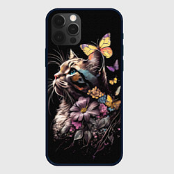 Чехол для iPhone 12 Pro Голубоглазый кот в цветах, цвет: 3D-черный