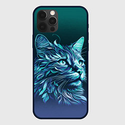 Чехол для iPhone 12 Pro Неоновый кот: фиолетовые и бирюзовые линии, цвет: 3D-черный