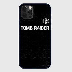 Чехол для iPhone 12 Pro Tomb Raider glitch на темном фоне: символ сверху, цвет: 3D-черный