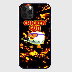 Чехол для iPhone 12 Pro Chicken Gun на фоне огня, цвет: 3D-черный