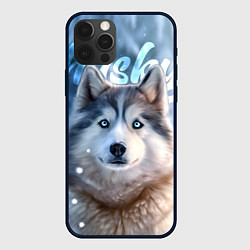 Чехол для iPhone 12 Pro Хаски с голубыми глазами в зимнем лесу, цвет: 3D-черный