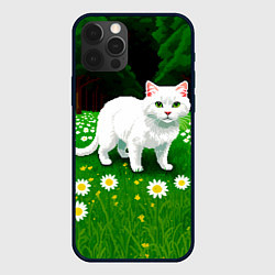 Чехол для iPhone 12 Pro Белый кот на лугу пиксель арт, цвет: 3D-черный