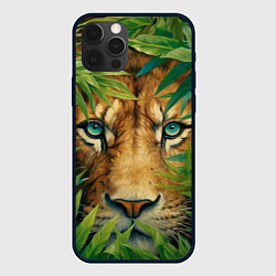 Чехол для iPhone 12 Pro Лев выглядывает из джунглей - морда головы крупно, цвет: 3D-черный