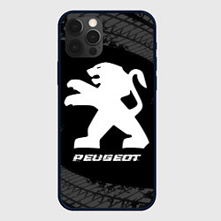 Чехол iPhone 12 Pro Peugeot speed на темном фоне со следами шин