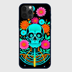 Чехол для iPhone 12 Pro Неоновый скелет в цветах, цвет: 3D-черный