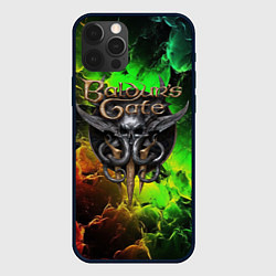 Чехол iPhone 12 Pro Baldurs Gate 3 logo dark red green fire