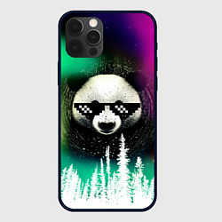 Чехол для iPhone 12 Pro Панда в очках на фоне северного сияния и леса, цвет: 3D-черный