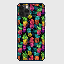 Чехол для iPhone 12 Pro Разноцветные ананасы паттерн, цвет: 3D-черный