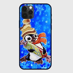 Чехол для iPhone 12 Pro Новогодний пингвин со снежинками, цвет: 3D-черный