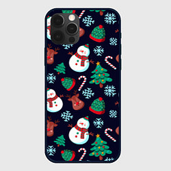 Чехол iPhone 12 Pro Снеговички с рождественскими оленями и елками