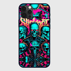 Чехол iPhone 12 Pro Slipknot на фоне рок черепов