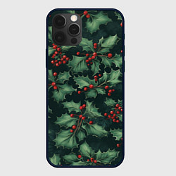 Чехол iPhone 12 Pro Новогодний паттерн с веточками падуба