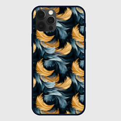 Чехол для iPhone 12 Pro Перья желтые серые паттерн, цвет: 3D-черный