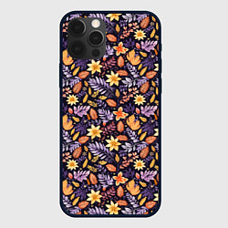 Чехол для iPhone 12 Pro Паттерн из листочков и цветочков, цвет: 3D-черный