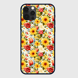 Чехол для iPhone 12 Pro Паттерн из желтых и красных цветов, цвет: 3D-черный
