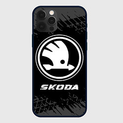 Чехол для iPhone 12 Pro Skoda speed на темном фоне со следами шин, цвет: 3D-черный