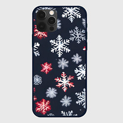 Чехол для iPhone 12 Pro Снежинки белые и красные, цвет: 3D-черный