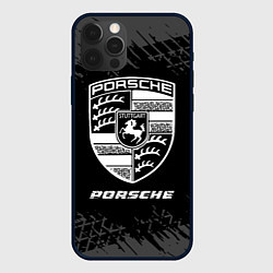 Чехол для iPhone 12 Pro Porsche speed на темном фоне со следами шин, цвет: 3D-черный