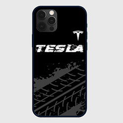 Чехол iPhone 12 Pro Tesla speed на темном фоне со следами шин посереди