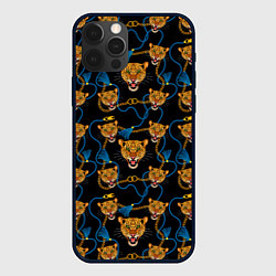 Чехол для iPhone 12 Pro Золотая цепь с леопардами, цвет: 3D-черный