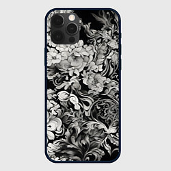 Чехол для iPhone 12 Pro Чёрно белый цветочны узор, цвет: 3D-черный