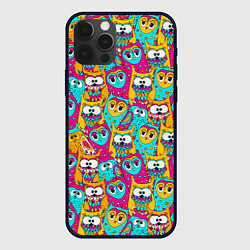 Чехол для iPhone 12 Pro Разноцветные совы, цвет: 3D-черный