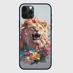 Чехол для iPhone 12 Pro Голова льва в цветах на холсте, цвет: 3D-черный