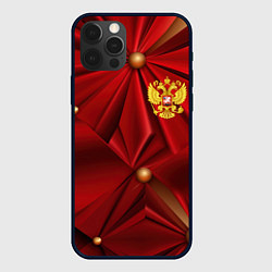 Чехол для iPhone 12 Pro Золотой герб России на красной абстракции, цвет: 3D-черный