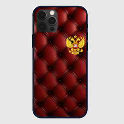 Чехол для iPhone 12 Pro Золотой герб России на красном кожаном фоне, цвет: 3D-черный