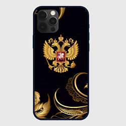 Чехол для iPhone 12 Pro Золотой герб России и объемные листья, цвет: 3D-черный