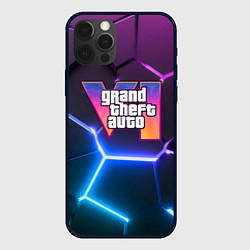 Чехол iPhone 12 Pro GTA 6 лого на фоне разлома фиолетовых и синих плит