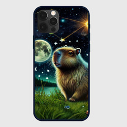 Чехол для iPhone 12 Pro Капибара прогулки в полнолуние, цвет: 3D-черный