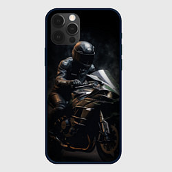 Чехол для iPhone 12 Pro Мотоциклист на спортивном байке черный фон, цвет: 3D-черный