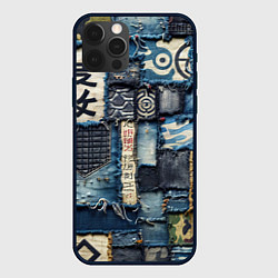 Чехол для iPhone 12 Pro Иероглифы на пэчворк дениме, цвет: 3D-черный
