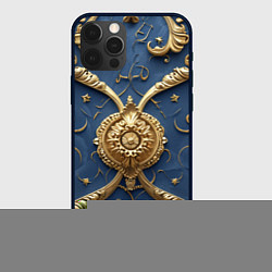 Чехол iPhone 12 Pro Золотые узоры на синей ткани