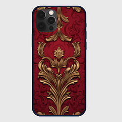 Чехол iPhone 12 Pro Объемный золотой узор лепнины на красном текстурно