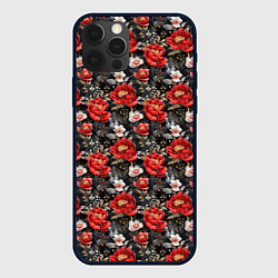 Чехол для iPhone 12 Pro Красные цветы пиона паттерн, цвет: 3D-черный