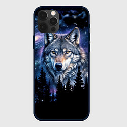 Чехол для iPhone 12 Pro Волк и черный лес - звездная ночь - галактика, цвет: 3D-черный
