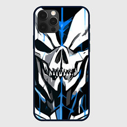 Чехол для iPhone 12 Pro Белый череп и синие полосы на чёрном фоне, цвет: 3D-черный
