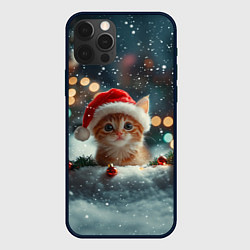 Чехол для iPhone 12 Pro Новогодний котенок и снег, цвет: 3D-черный