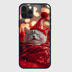 Чехол для iPhone 12 Pro Новогодняя довольный котик, цвет: 3D-черный