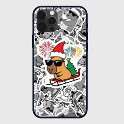 Чехол для iPhone 12 Pro Капибара с ёлкой на санях на новый год, цвет: 3D-черный