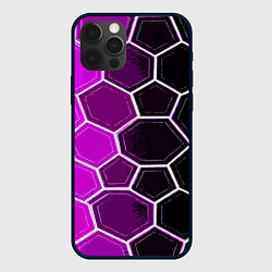 Чехол для iPhone 12 Pro Белые шестиугольники на чёрно-фиолетовом фоне, цвет: 3D-черный