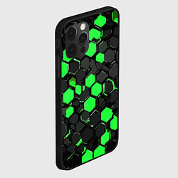 Чехол для iPhone 12 Pro Зелёно-серые шестиугольники на чёрном фоне, цвет: 3D-черный — фото 2